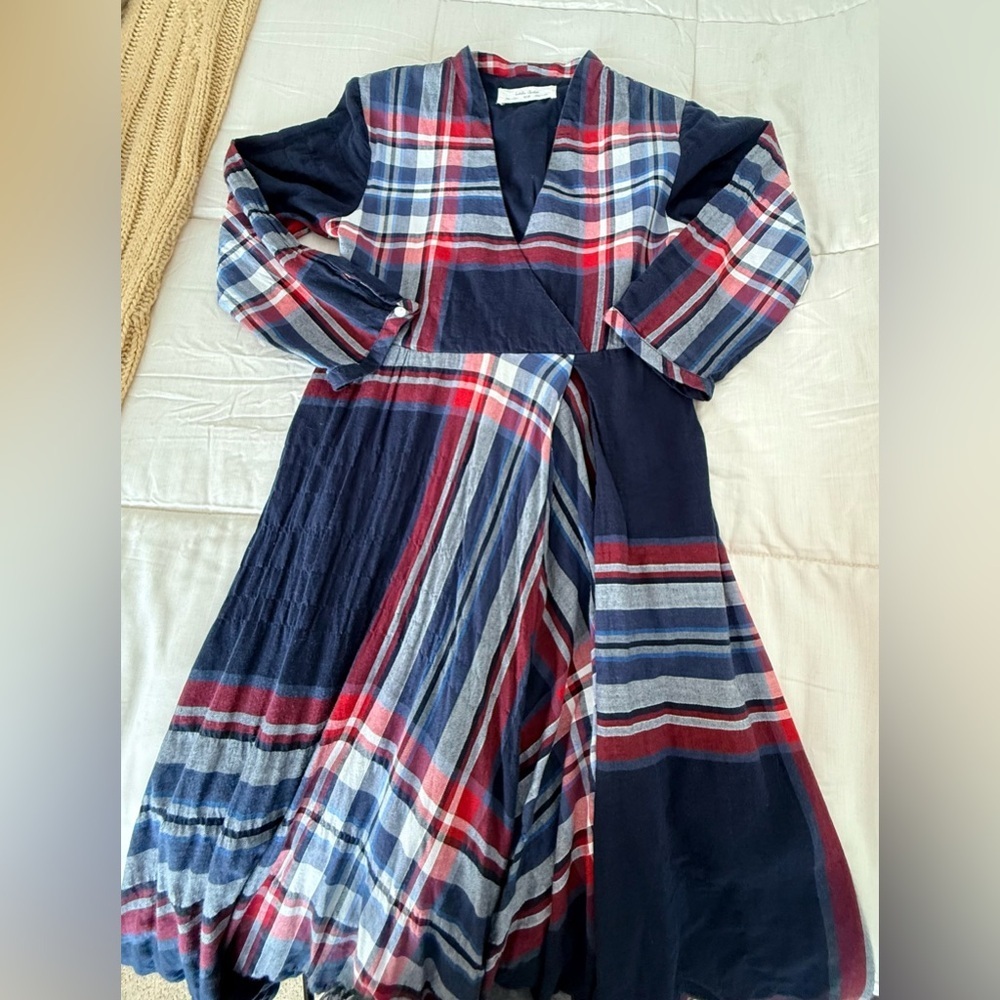 Anthropologie Isabella Sinclair preppy Tartan Plaid flowy Midi Dress Cotton XS